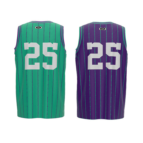 Green and purple basketball jerseys with number 25 and bones pattern on a background
