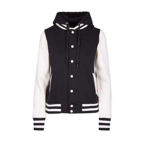 Ladies Hooded Varsity Jacket White Black Front View